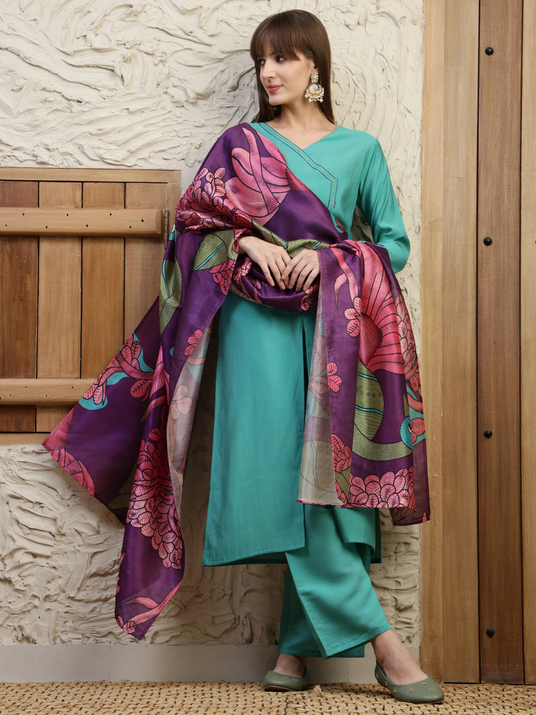 Dusty Green Silk Blend Solid  Angrakha Kurta Palazzo With Digital Print Dupatta Set