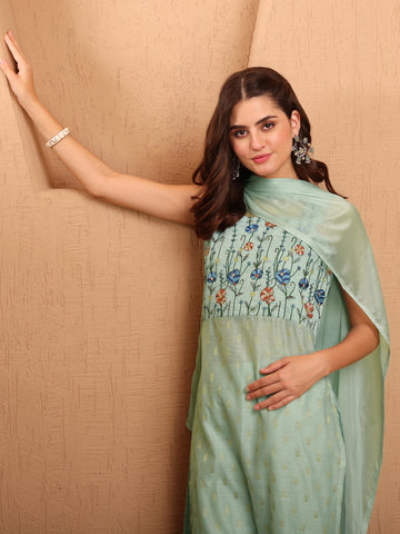 Light Green Chanderi Silk Zari Embroidery Sleeveless kurta Palazzo With Dupatta Set