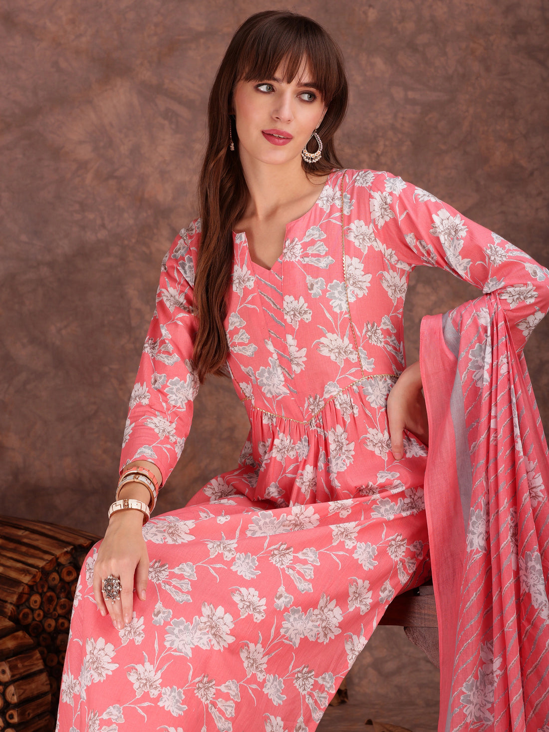 Peach Pure Cotton Floral Print Office Wear Straight Kurta Pant With Dupatta Set