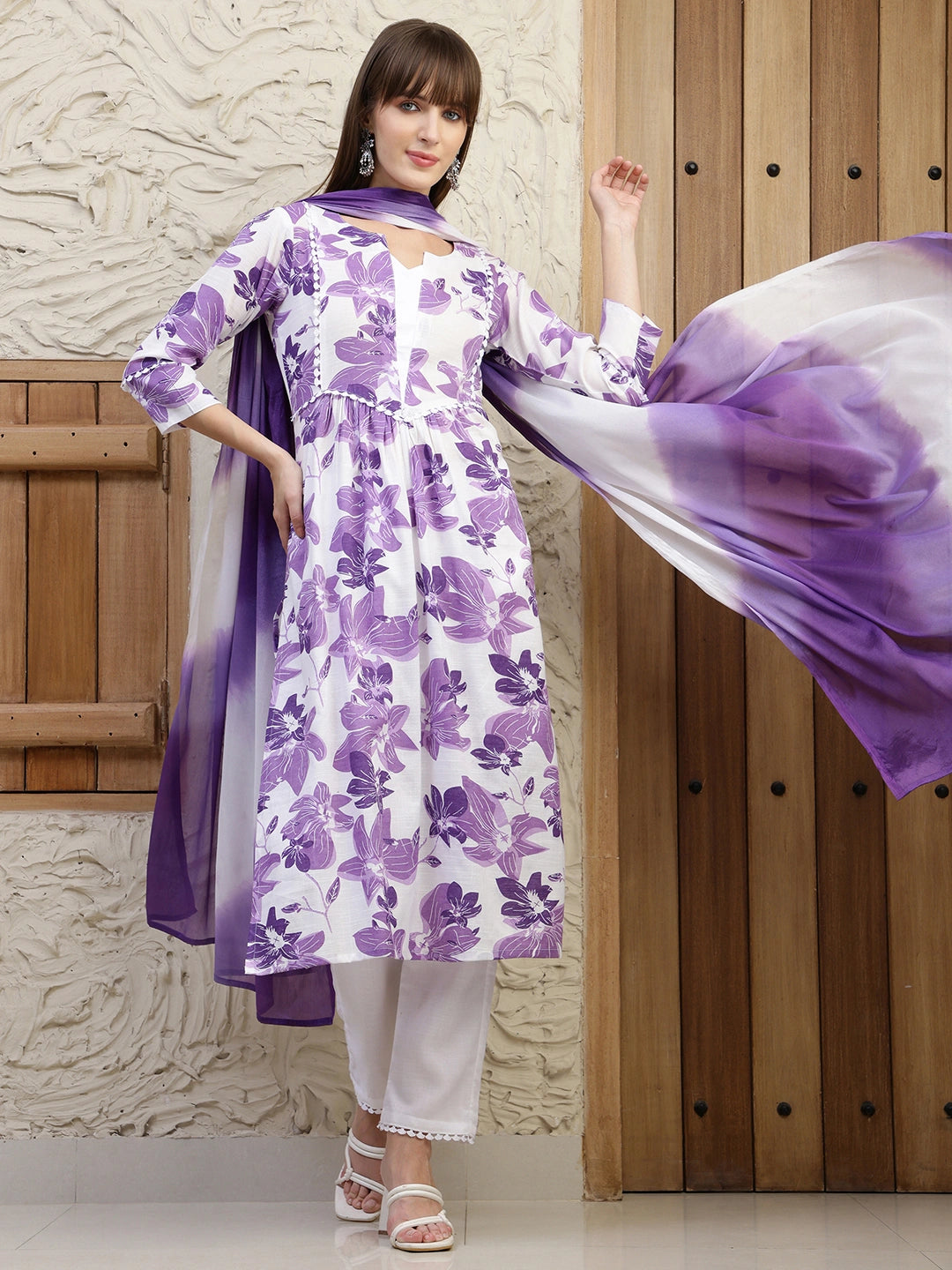 Purple Pure Cotton Floral Print Summer Wear Straight Kurta Pant With Dupatta Set