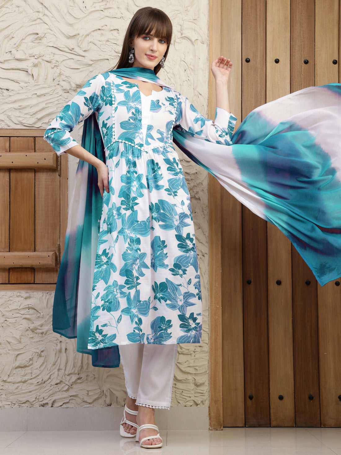 Sky Blue Pure Cotton Floral Print Summer Wear Straight Kurta Pant With Dupatta Set