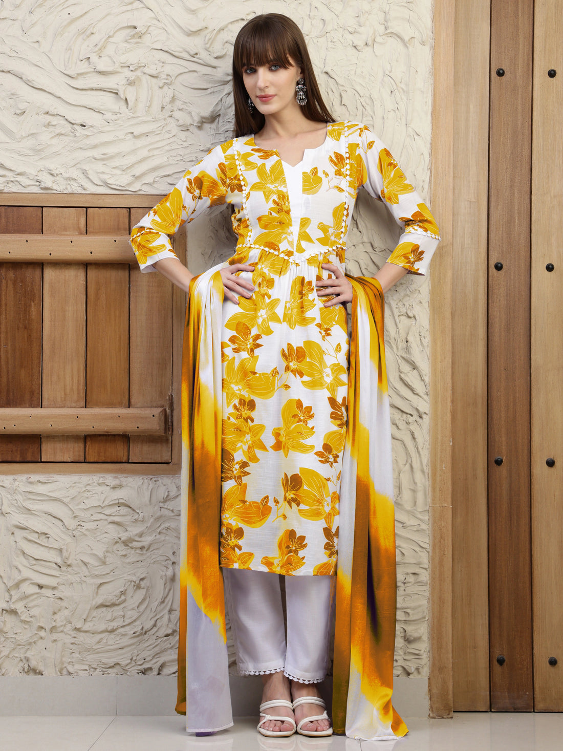 Yellow Pure Cotton Floral Print Summer Wear Straight Kurta Pant With Dupatta Set