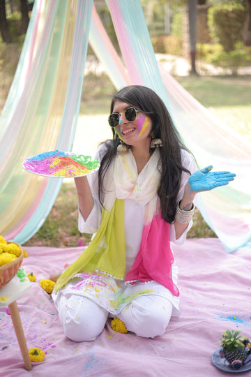 Holi Special Rayon Embroidery A-line Kurta Pant With Tie & Dye Dupatta Set