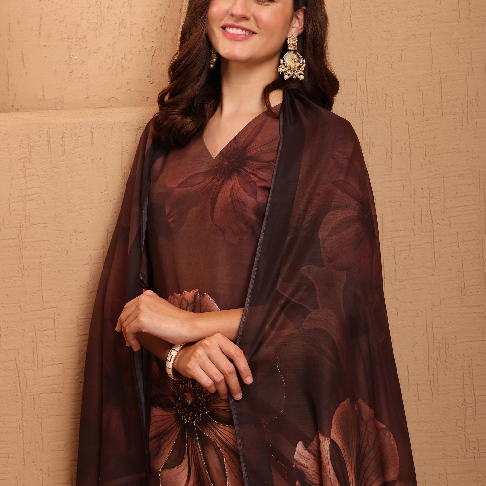 Brown Silk Blend floral Print & Lace work Straight Kurta Pant With Printed Dupatta Set