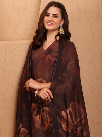 Brown Silk Blend floral Print & Lace work Straight Kurta Pant With Printed Dupatta Set
