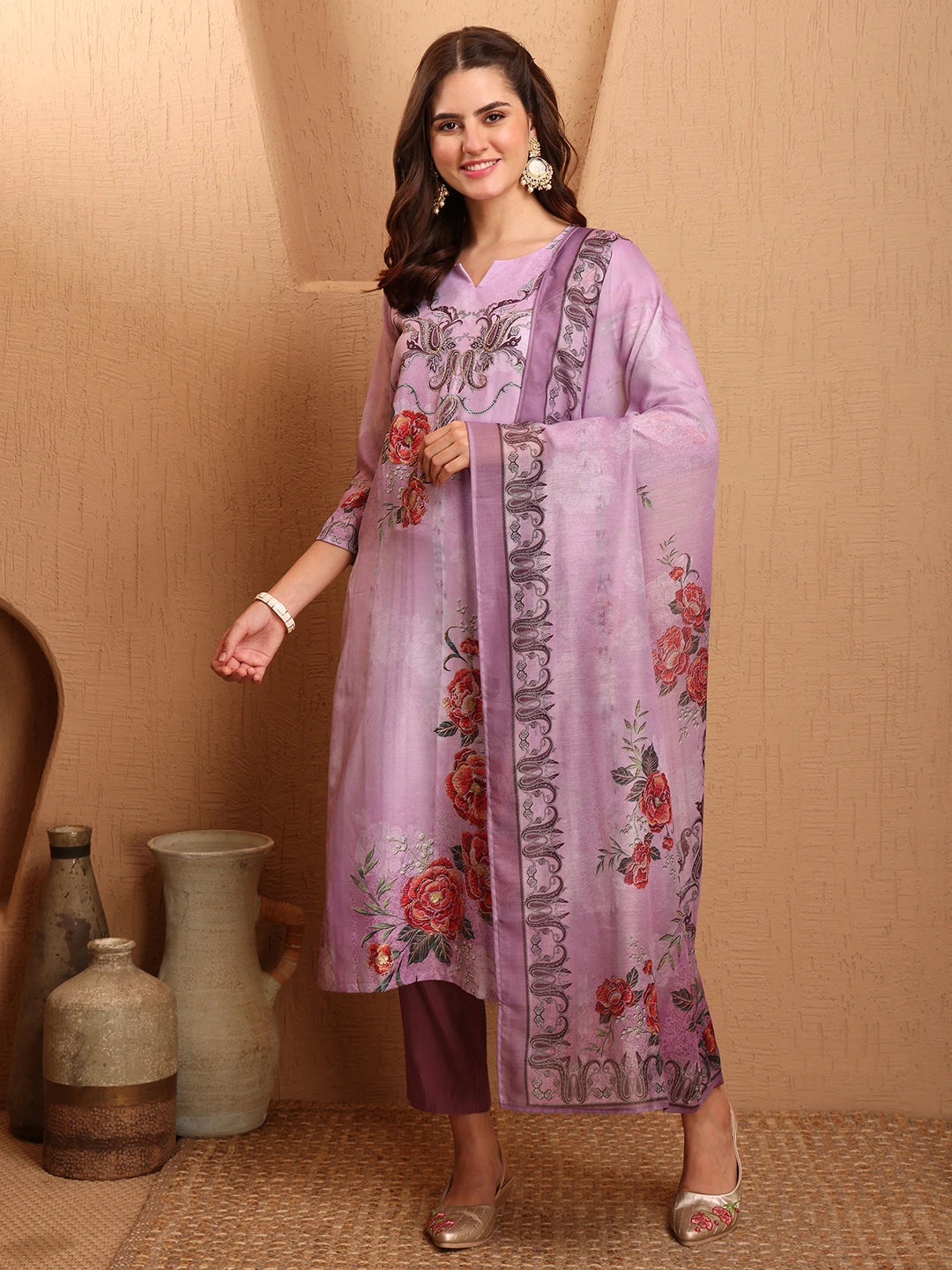 Lavendar Silk Blend floral Print & Lace work Straight Kurta Pant With Printed Dupatta Set