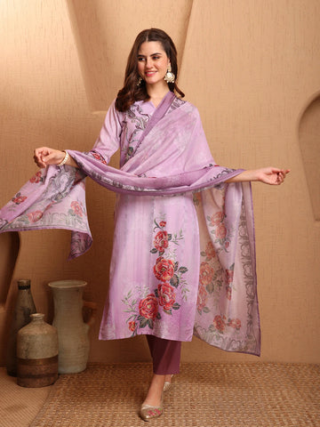 Lavendar Silk Blend floral Print & Lace work Straight Kurta Pant With Printed Dupatta Set