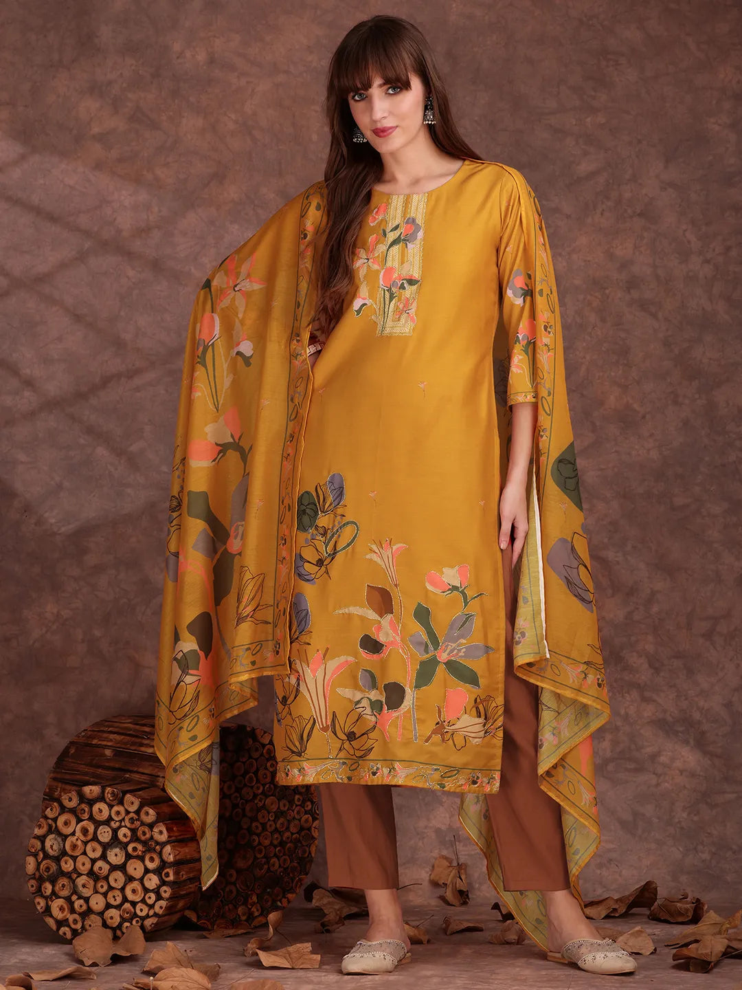 Mustard Silk Blend floral Print & Lace work Straight Kurta Pant With Printed Dupatta Set