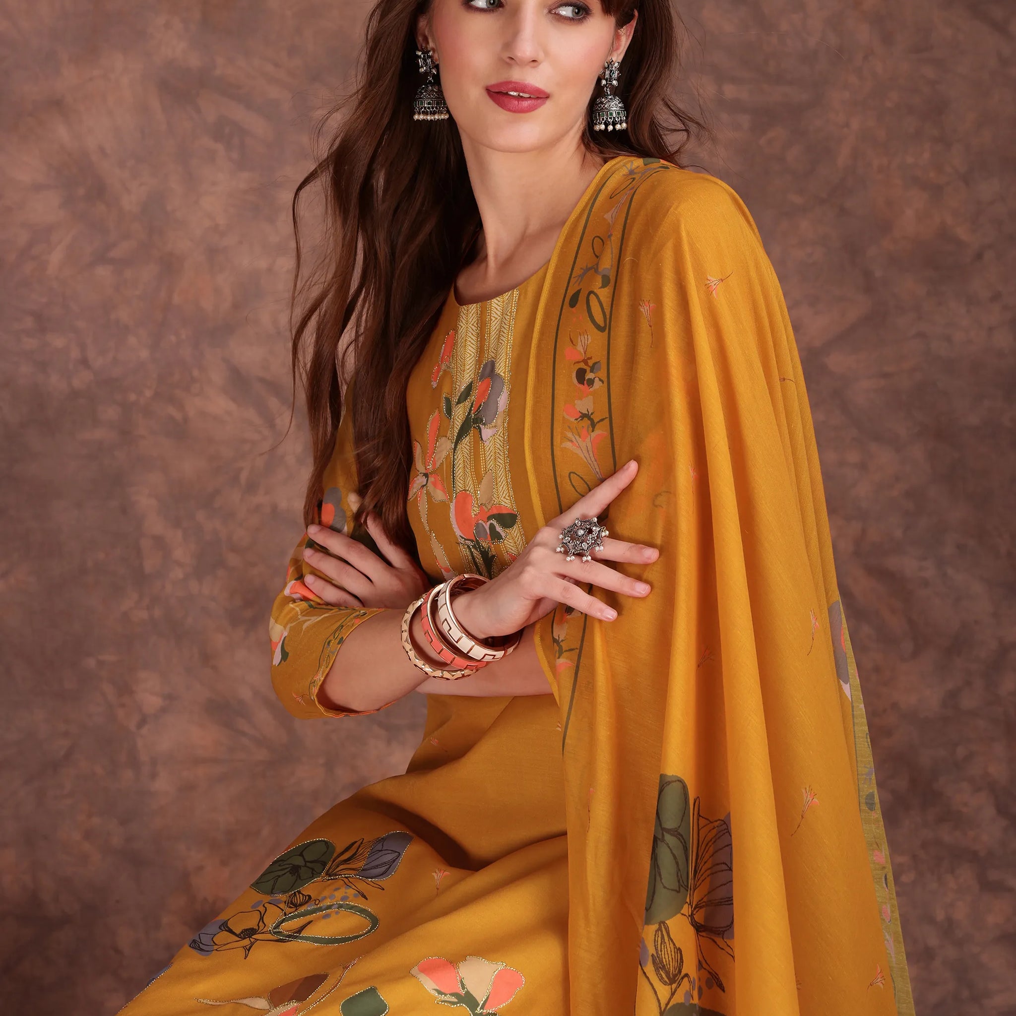Mustard Silk Blend floral Print & Lace work Straight Kurta Pant With Printed Dupatta Set