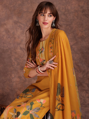 Mustard Silk Blend floral Print & Lace work Straight Kurta Pant With Printed Dupatta Set