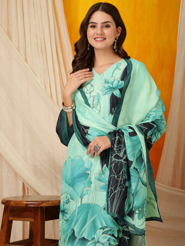 Rama Green Silk Blend floral Print & Lace work Straight Kurta Pant With Printed Dupatta Set