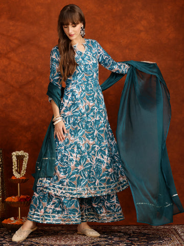 Teal  Rayon Floral Printed With Gota Patti Work Angrakha Kurta Sharara And Dupatta Set