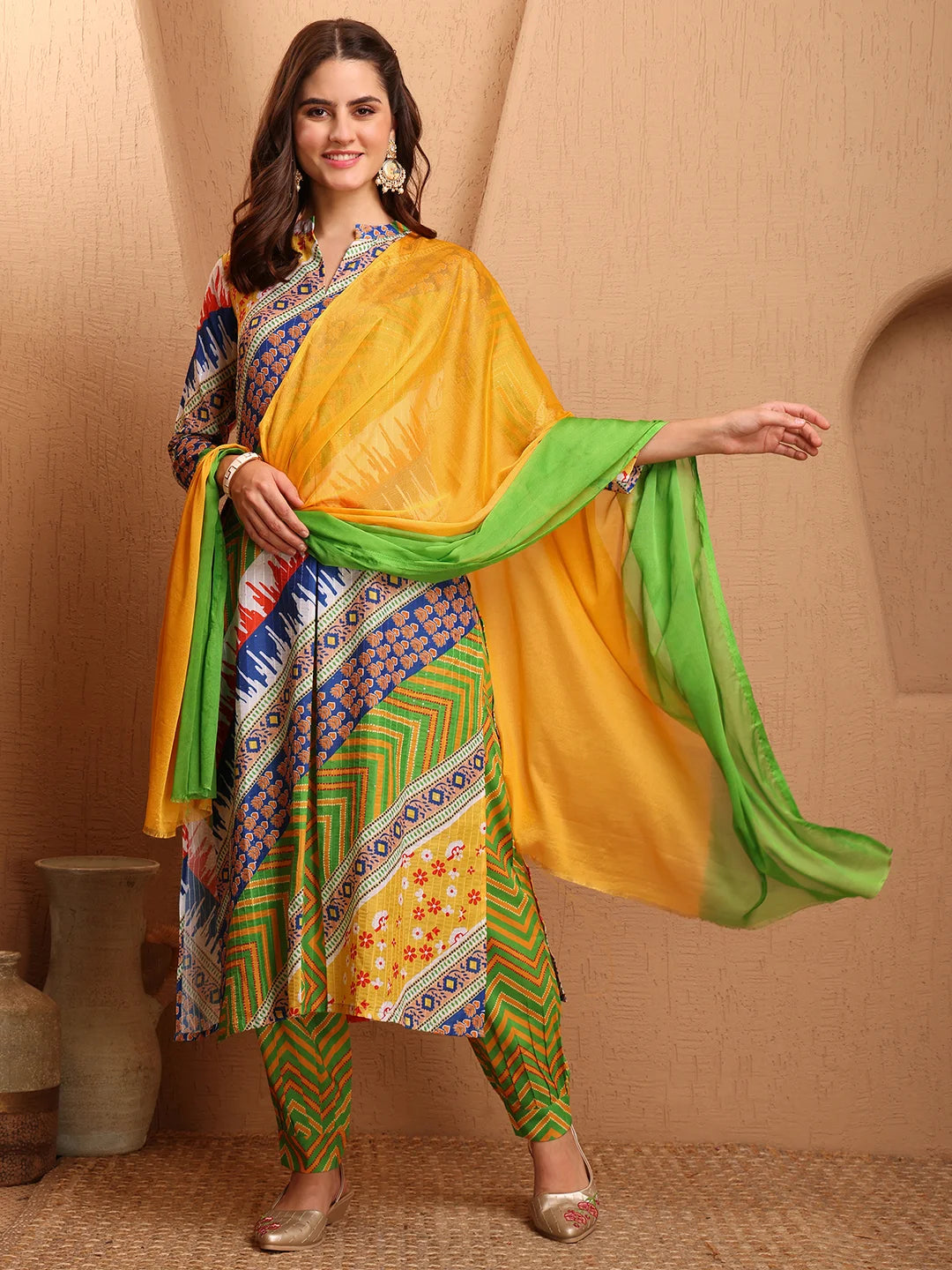 Green  Cotton Silk Digital Print A-Line Front Slit Kurta Salwar with Dupatta Set