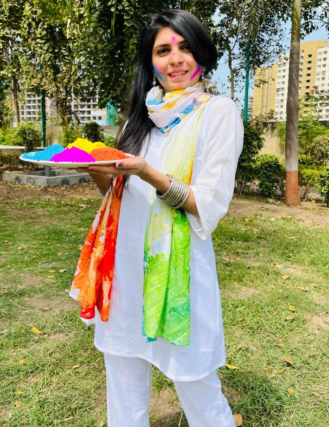 White Rayon Lace Work A-line Kurta Pant With Digital Print Dupatta Set For Holi Special