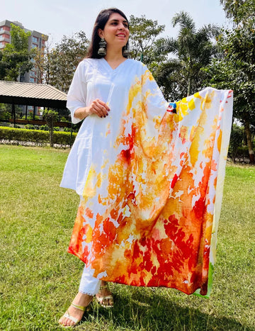 White Rayon Lace Work A-line Kurta Pant With Digital Print Dupatta Set For Holi Special