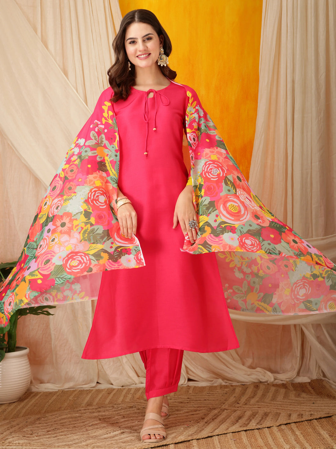 Pink Cotton Silk Straight Solid Kurta Salwar With Digital Print Dupatta Set
