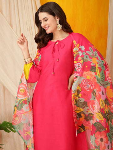 Pink Cotton Silk Straight Solid Kurta Salwar With Digital Print Dupatta Set
