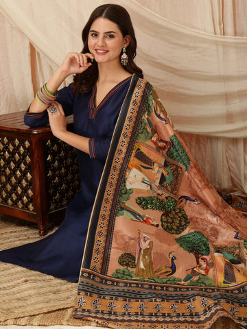 Navy Blue Cotton Silk Solid Straight Kurta Pant With Digital Print Dupatta Set