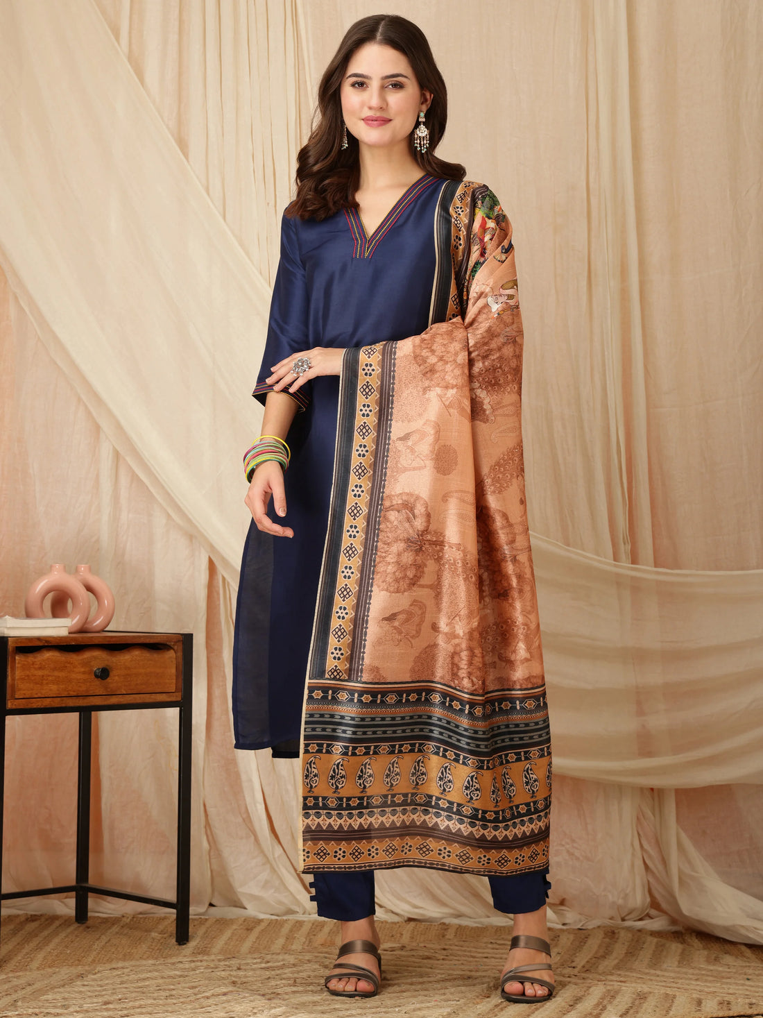 Navy Blue Cotton Silk Solid Straight Kurta Pant With Digital Print Dupatta Set