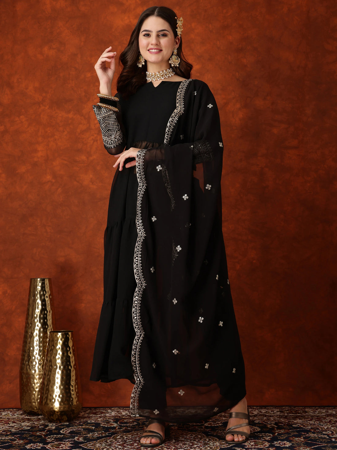 Black Georgette Embroidered Anarkali Kurta Pant with Dupatta Set