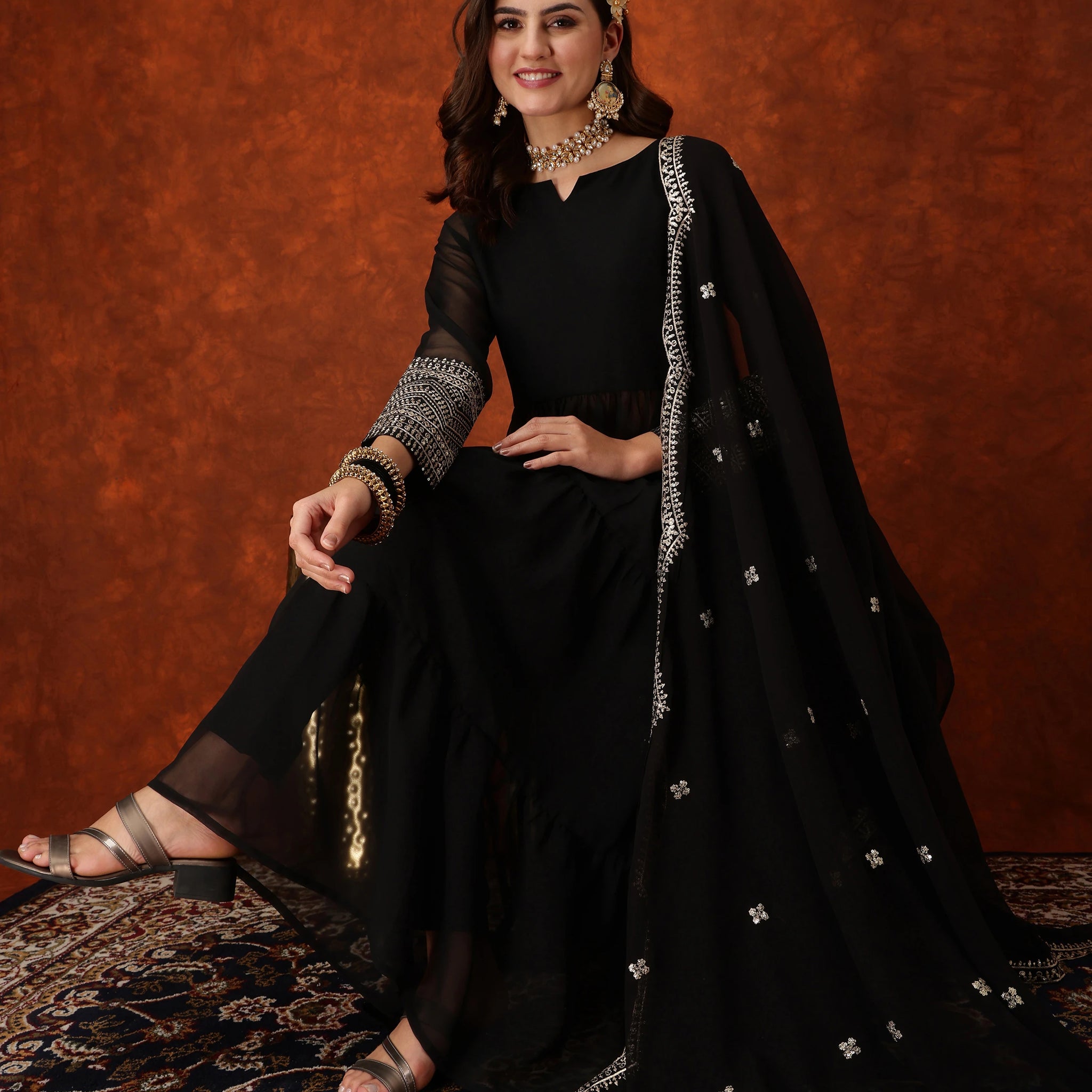Black Georgette Embroidered Anarkali Kurta Pant with Dupatta Set