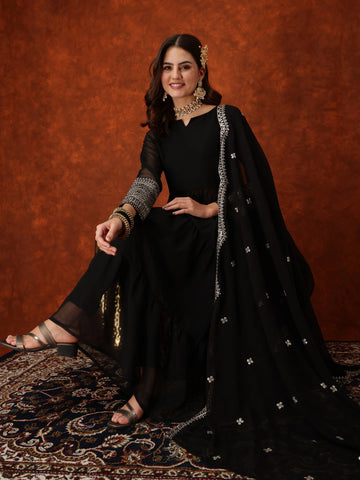 Black Georgette Embroidered Anarkali Kurta Pant with Dupatta Set