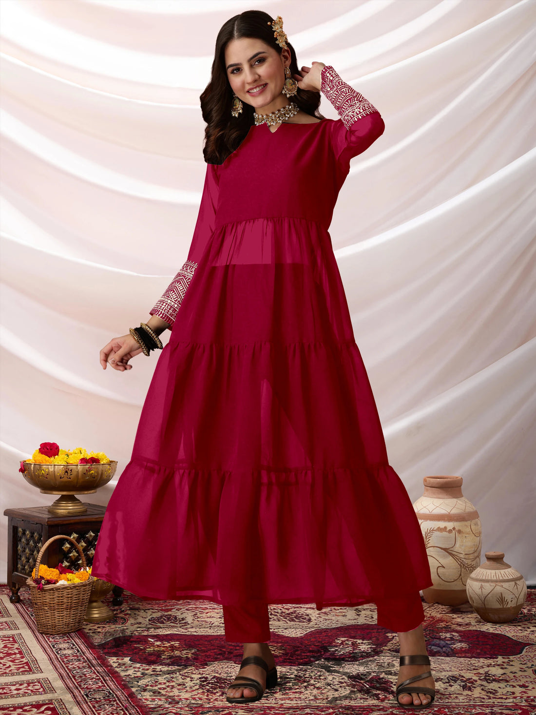 Red Georgette Embroidered Anarkali Kurta Pant with Dupatta Set