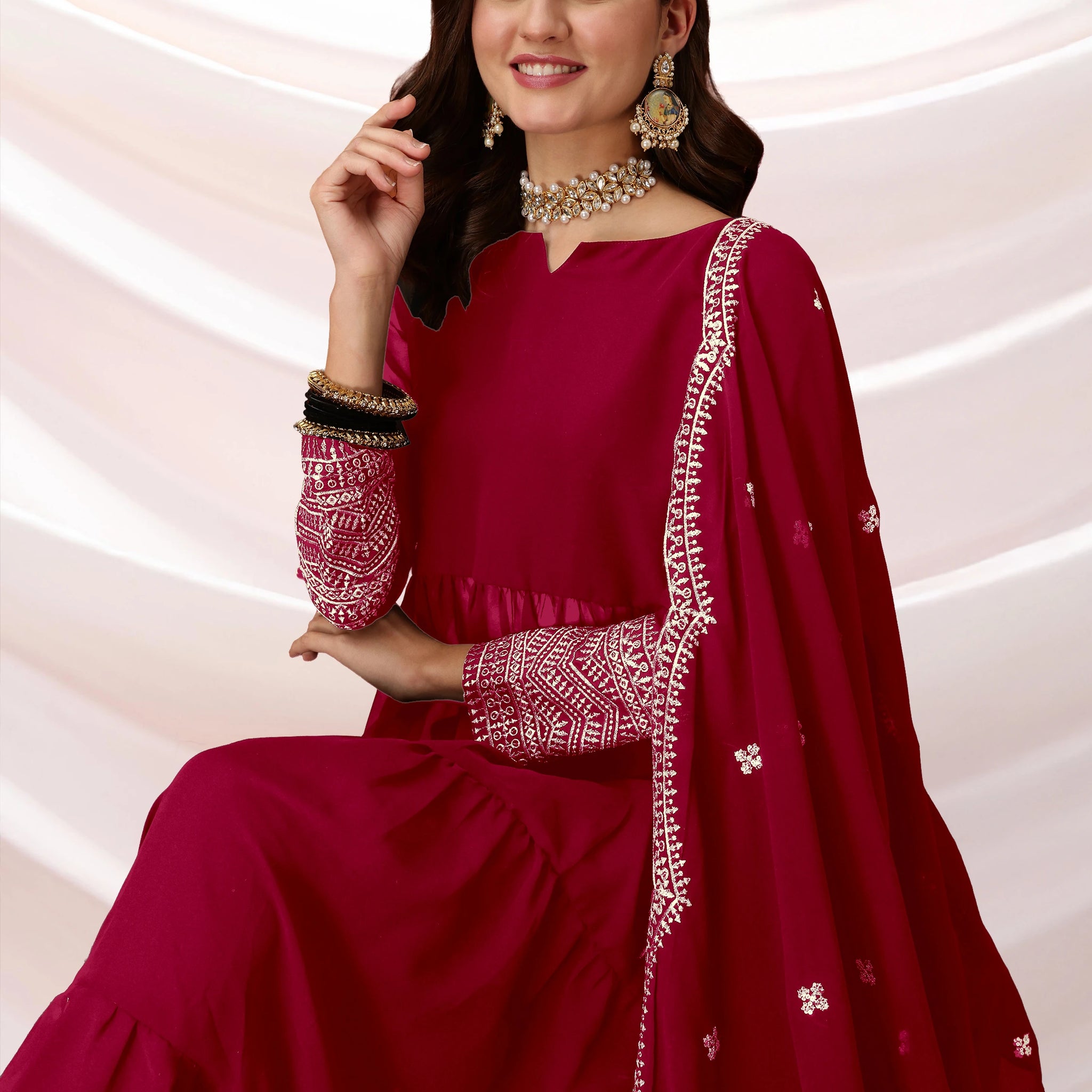 Red Georgette Embroidered Anarkali Kurta Pant with Dupatta Set