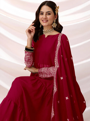 Red Georgette Embroidered Anarkali Kurta Pant with Dupatta Set