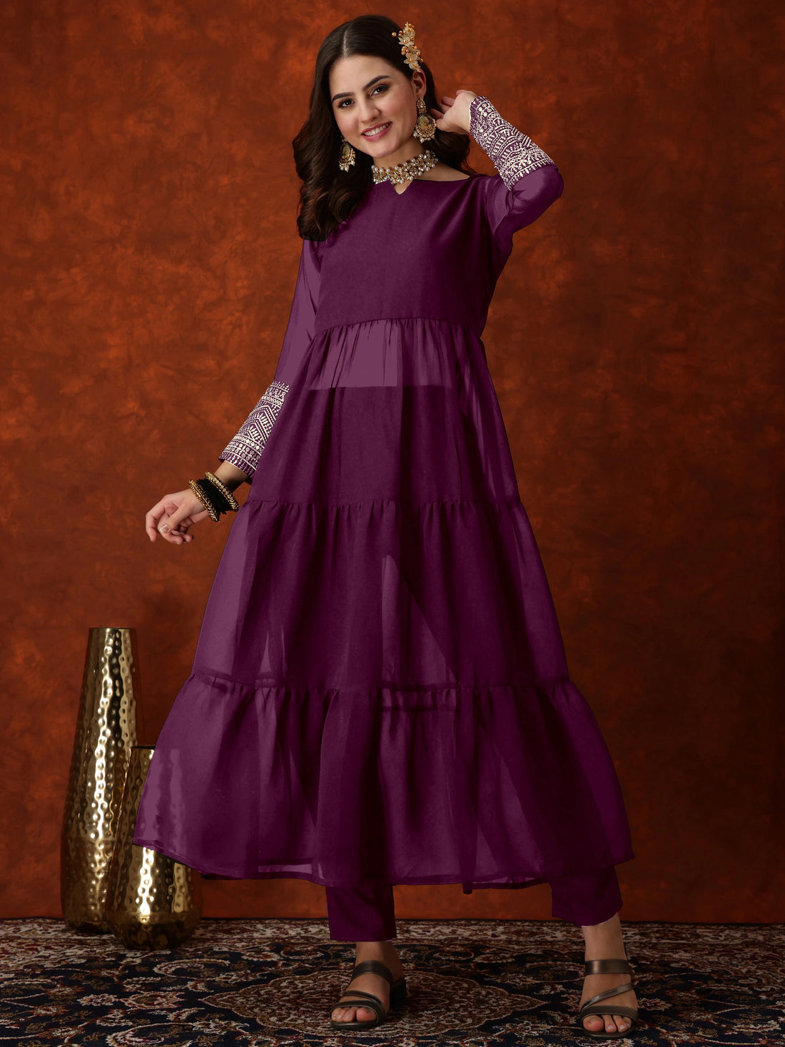 Wine Georgette Embroidered Anarkali Kurta Pant with Dupatta Set