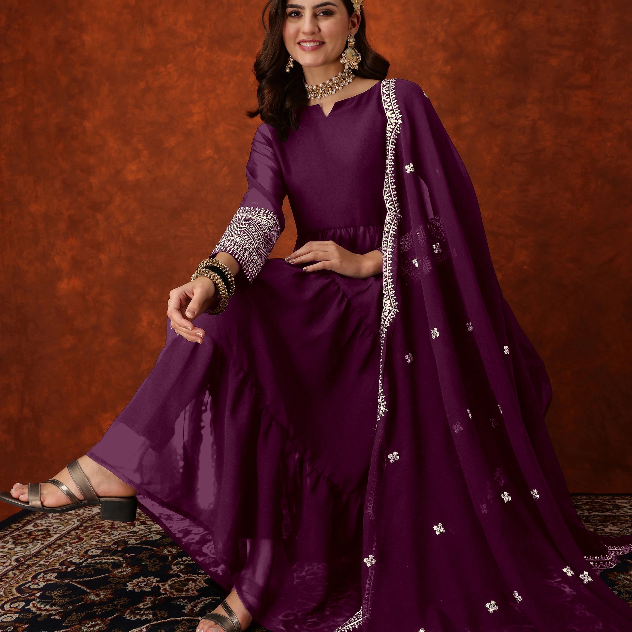 Wine Georgette Embroidered Anarkali Kurta Pant with Dupatta Set