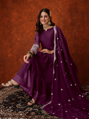 Wine Georgette Embroidered Anarkali Kurta Pant with Dupatta Set