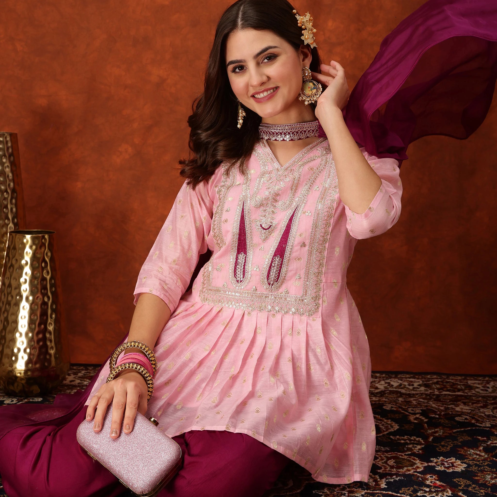 Chanderi Silk Embroidered A-Line Kurta Dhoti Pant With Choker Dupatta Set