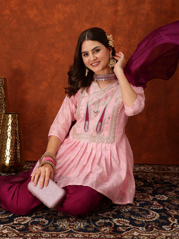 Chanderi Silk Embroidered A-Line Kurta Dhoti Pant With Choker Dupatta Set