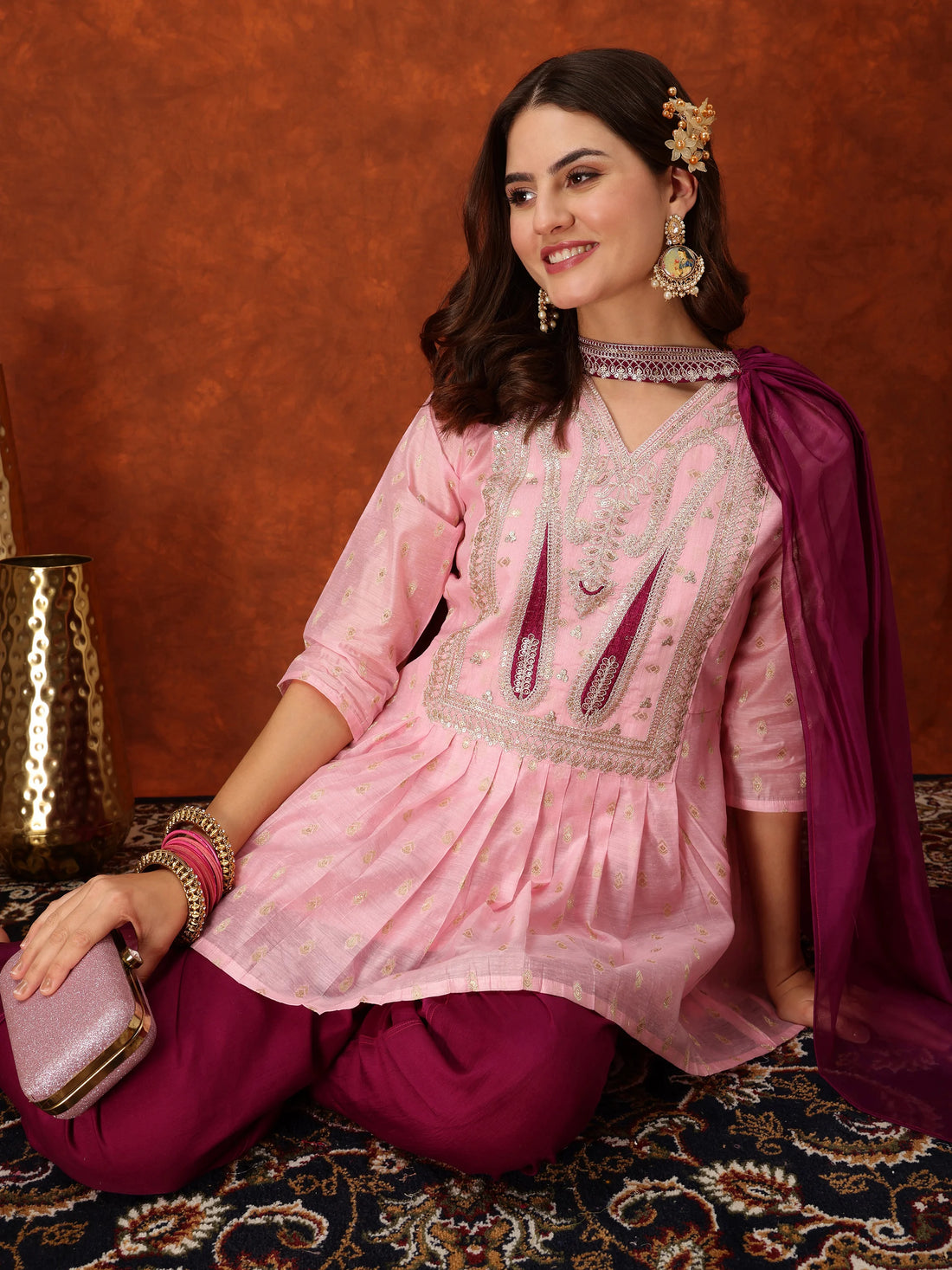 Chanderi Silk Embroidered A-Line Kurta Dhoti Pant With Choker Dupatta Set