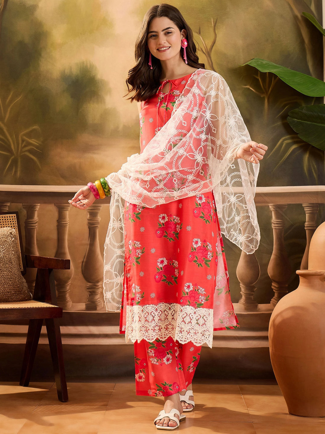 Orange Cotton Blend Floral Print Straight Kurta Palazzo With Dupatta set