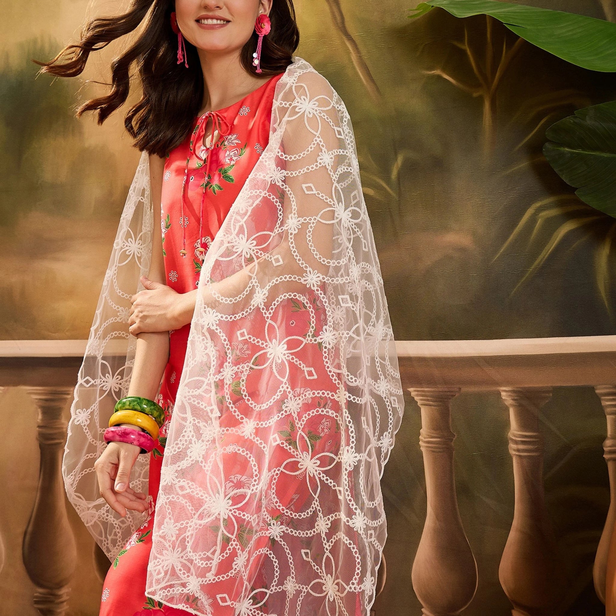 Orange Cotton Blend Floral Print Straight Kurta Palazzo With Dupatta set