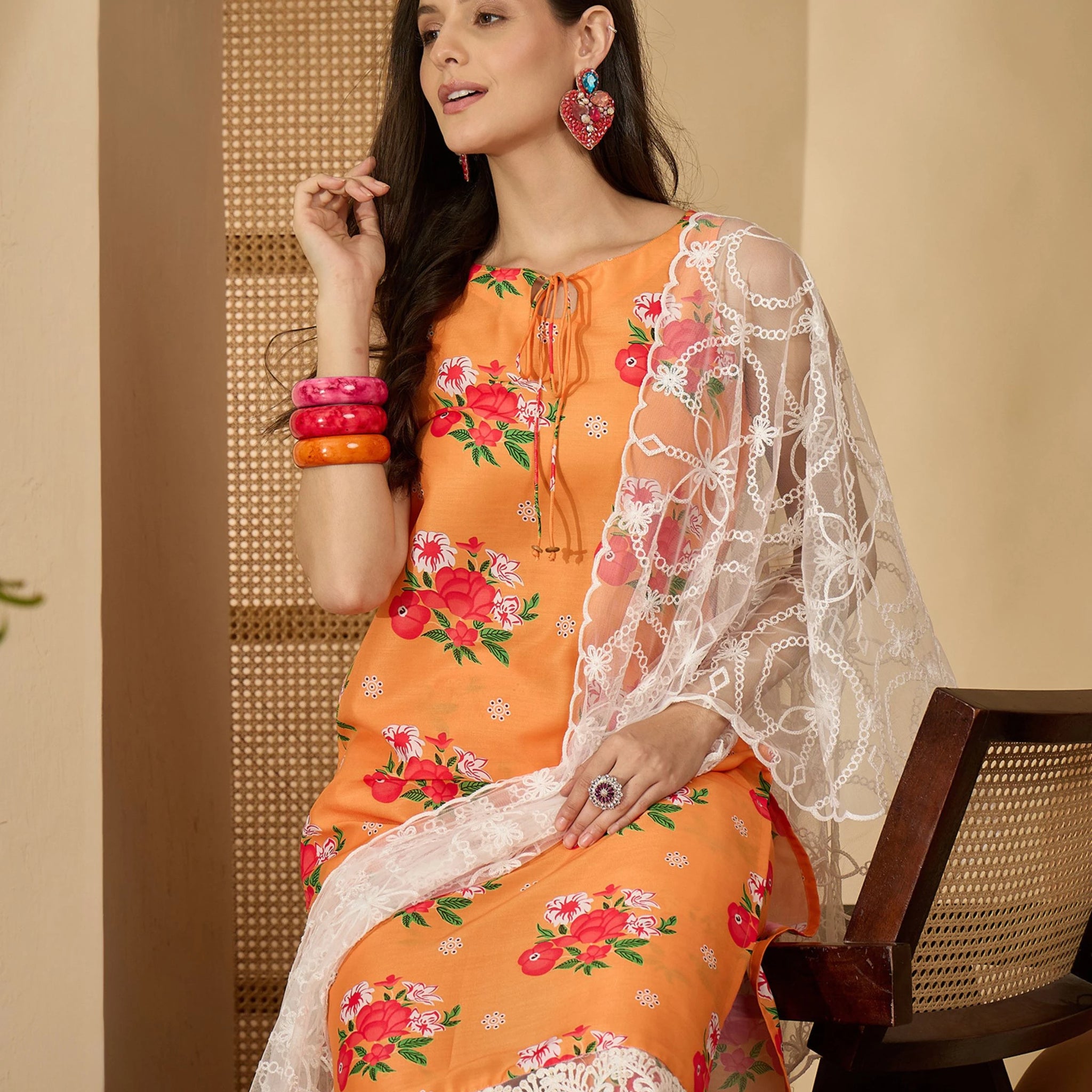 Yellow Cotton Blend Floral Print Straight Kurta Palazzo With Dupatta set