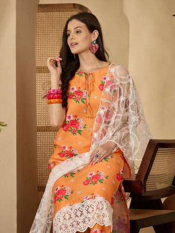 Yellow Cotton Blend Floral Print Straight Kurta Palazzo With Dupatta set
