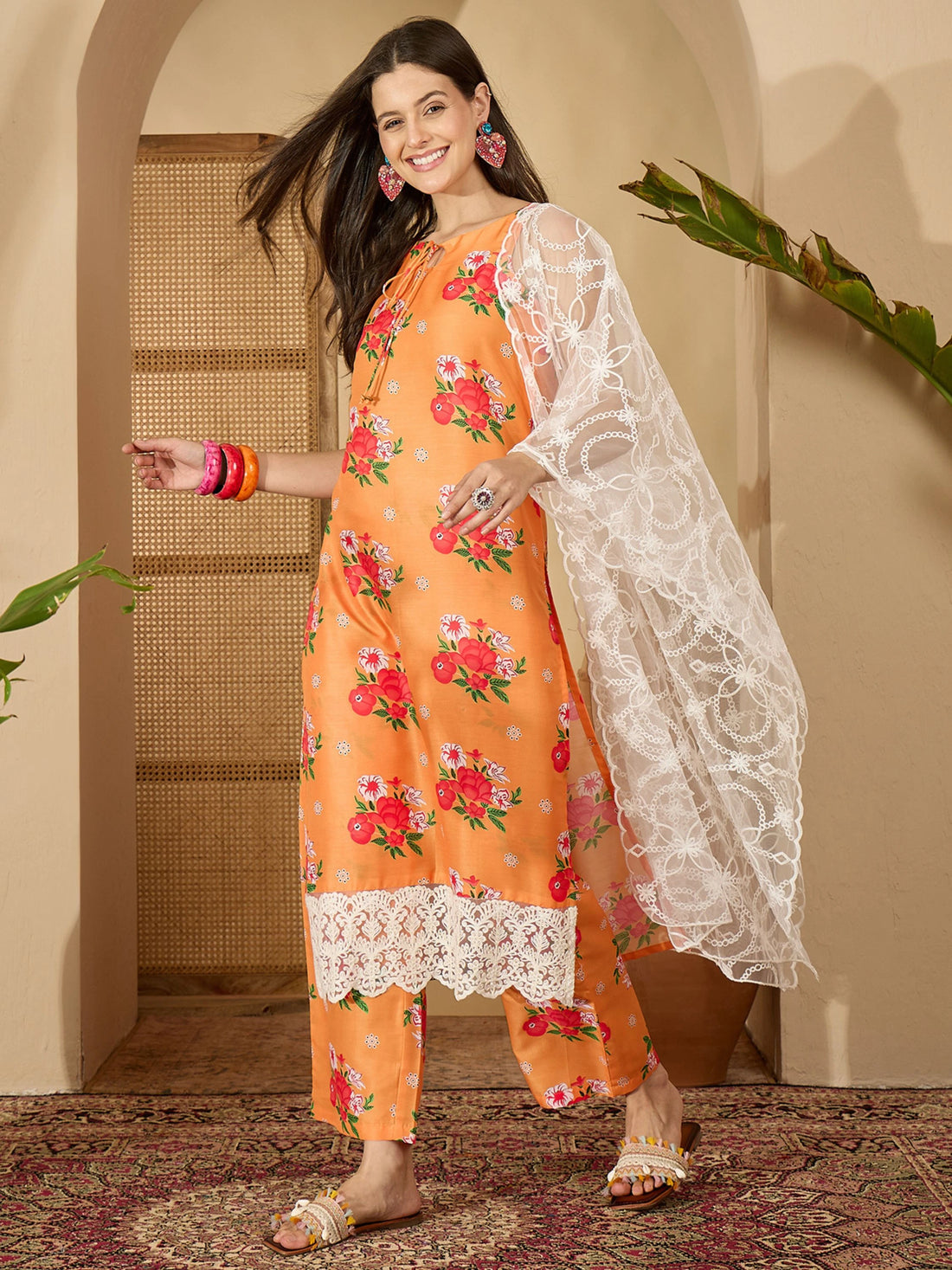 Yellow Cotton Blend Floral Print Straight Kurta Palazzo With Dupatta set
