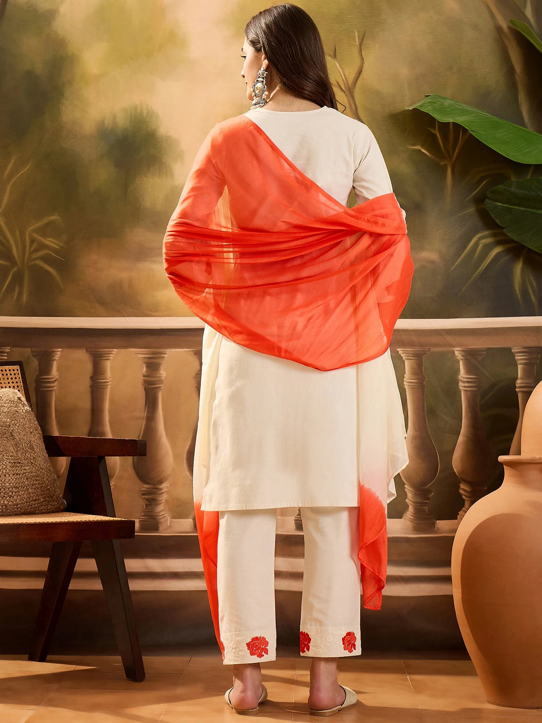 Orange Cotton Blend Floral Embroidered Kurta Pant and Dupatta Set