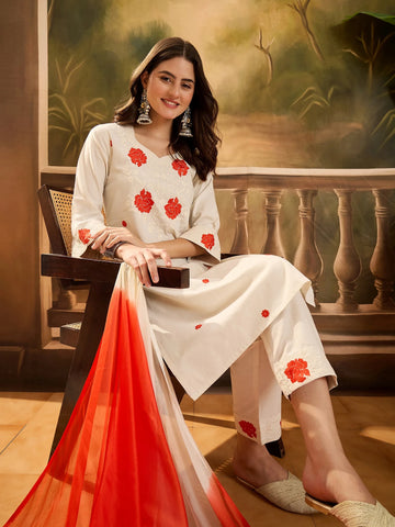 Orange Cotton Blend Floral Embroidered Kurta Pant and Dupatta Set