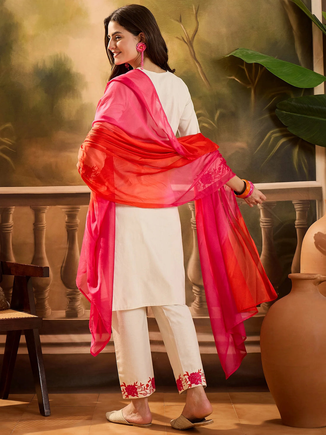 Pink Cotton Blend Floral Embroidered Kurta Pant and Dupatta Set