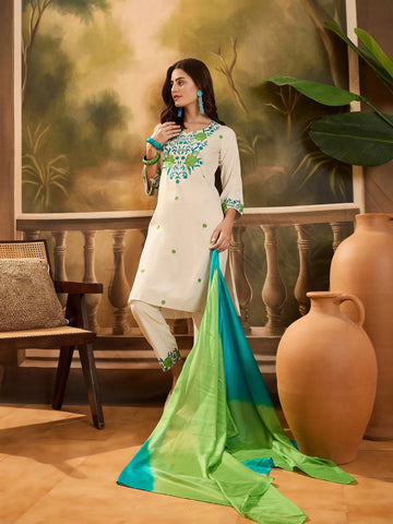 Rama Cotton Blend Floral Embroidered Kurta Pant and Dupatta Set