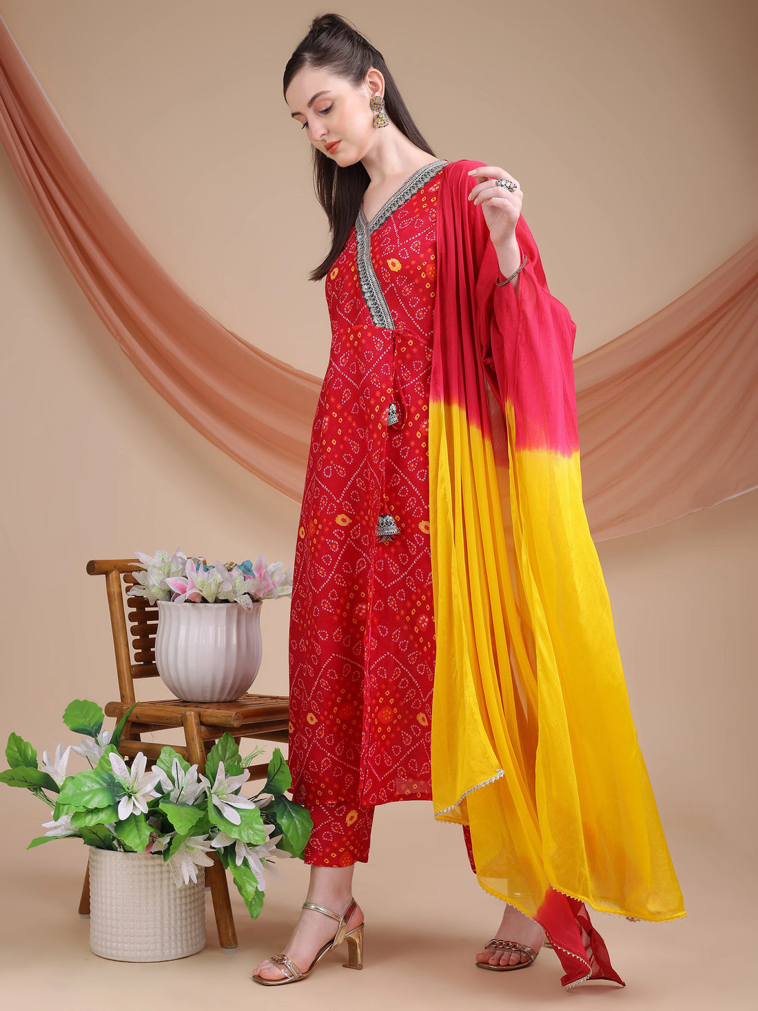 Cotton Silk Bandhani Print and Embroidered Work Angrakha Kurta Palazzo With Dupatta Set