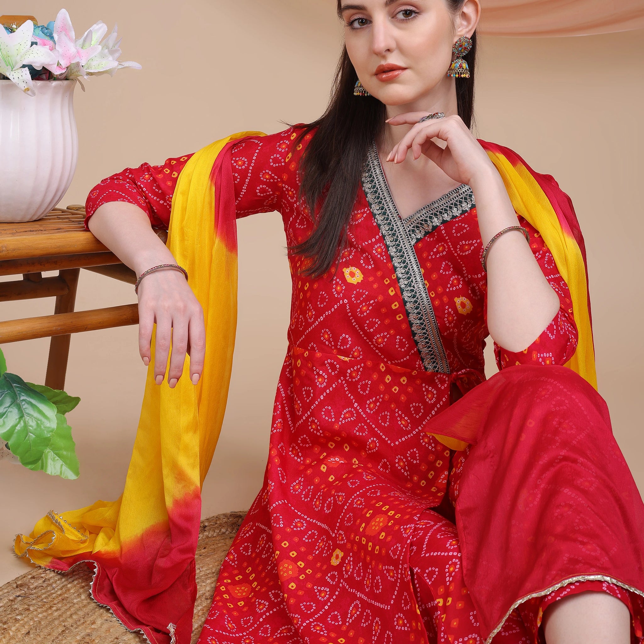 Cotton Silk Bandhani Print and Embroidered Work Angrakha Kurta Palazzo With Dupatta Set