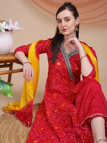 Cotton Silk Bandhani Print and Embroidered Work Angrakha Kurta Palazzo With Dupatta Set