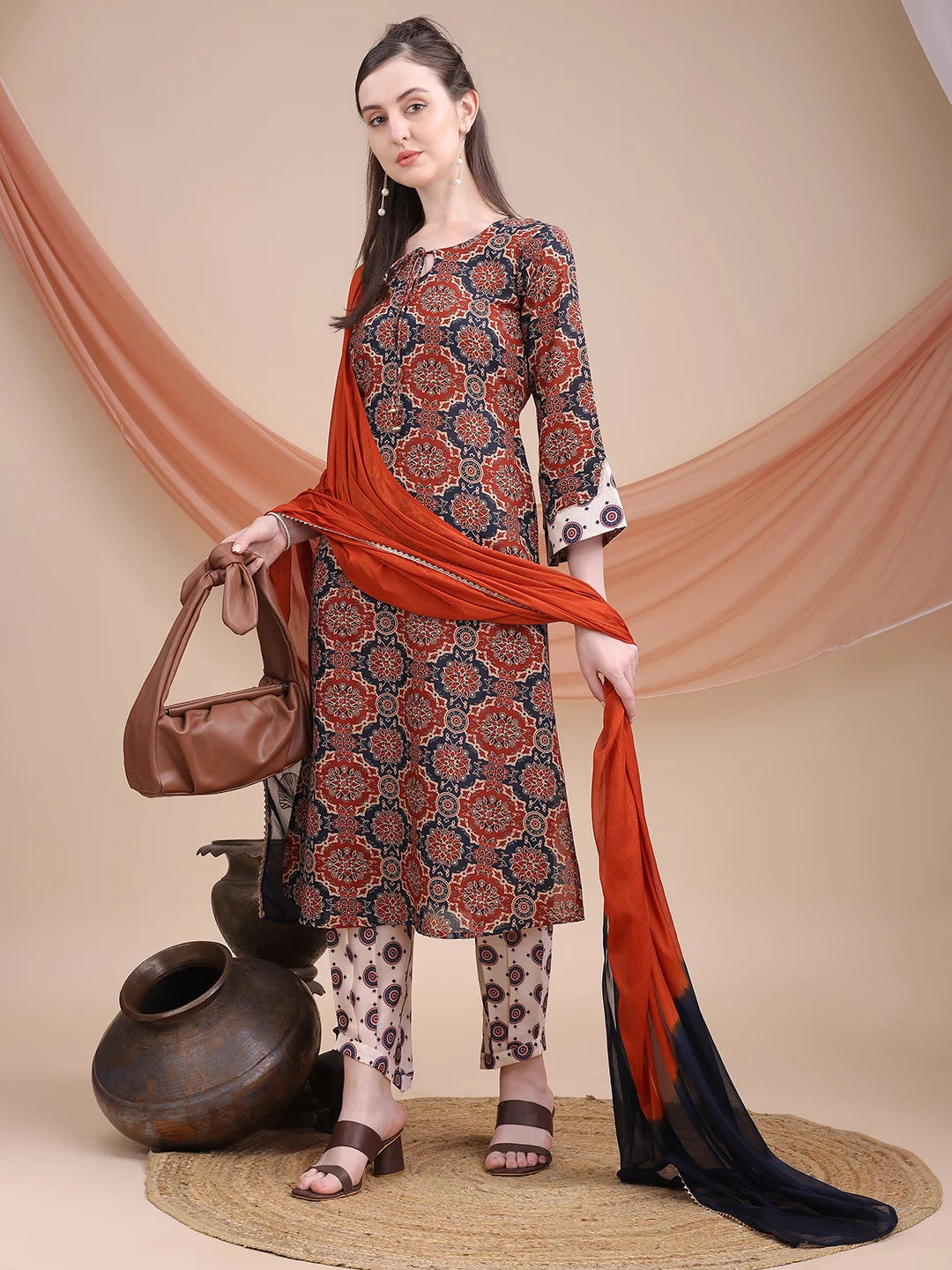 Maroon Cotton Blend Ajrak Print A-line Kurta Salwar With Dupatta