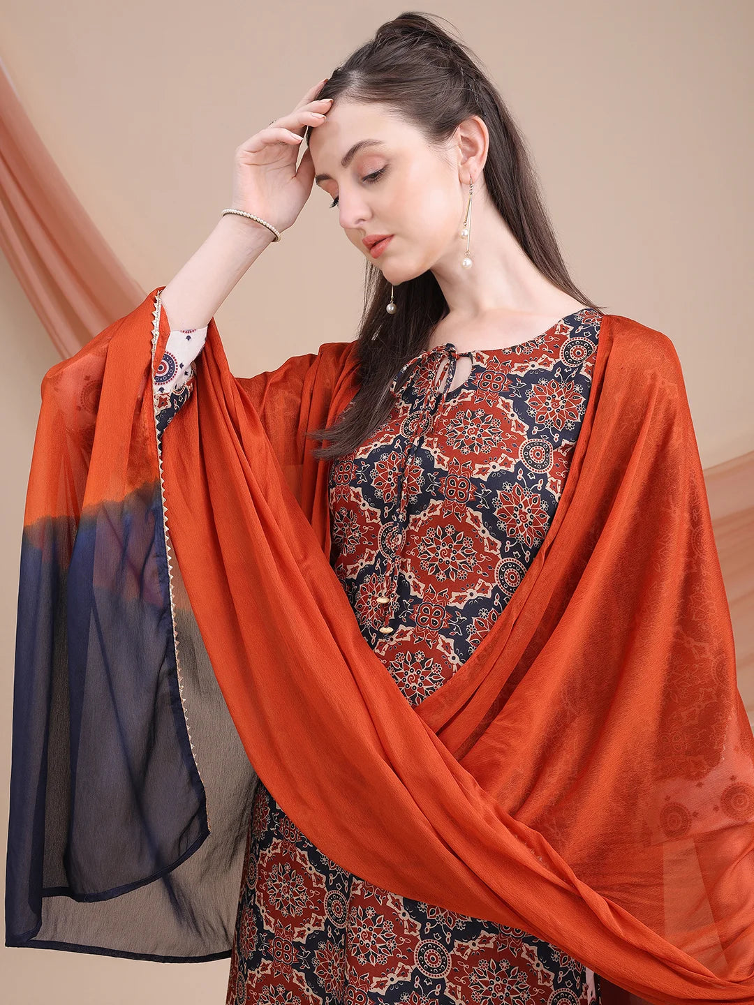 Maroon Cotton Blend Ajrak Print A-line Kurta Salwar With Dupatta