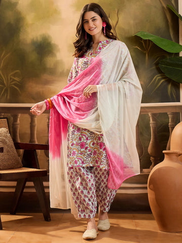 Light Blue Cotton Blend floral Print Straight Kurta With Afghani Pant And Dupatta Set